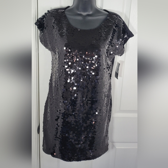 ALFANI Black Sequin Front Dress Jersey Back Stretch Petite Small - Picture 7 of 7